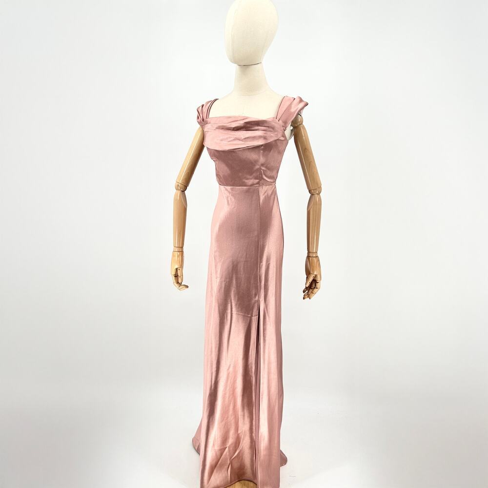 Birdy Grey Blush Pink Satin Thigh Slit Formal Gown